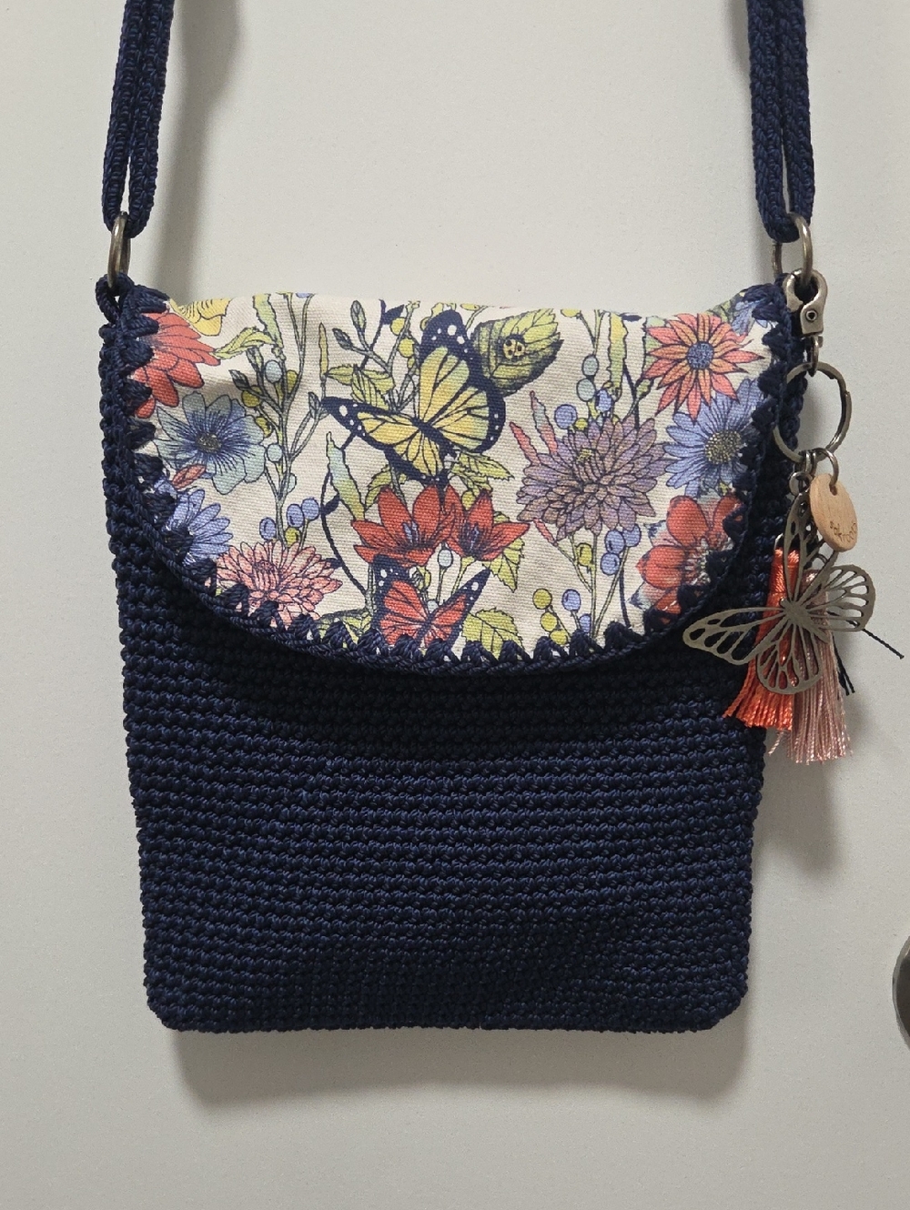 Sakroots Navy Crochet Crossbody with Floral Butterfly Flap